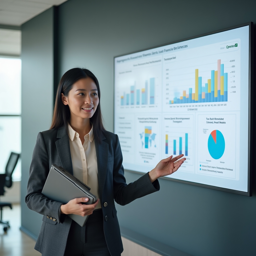 HR manager reviewing aggregate employee financial wellness dashboard on large monitor in office