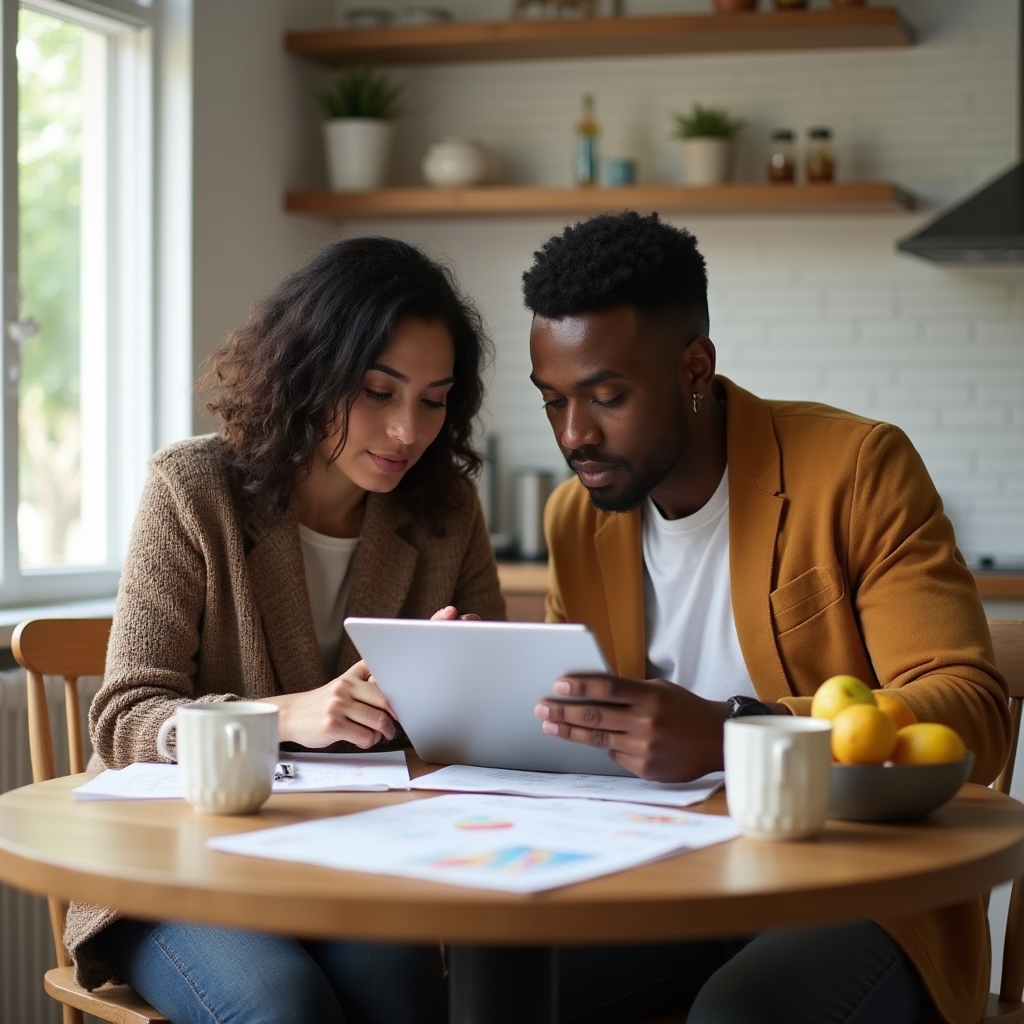 Couple reviewing financial planning documents together at kitchen table