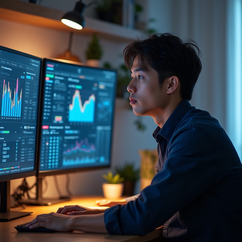 Professional analyzing financial metrics on multiple screens in organized workspace