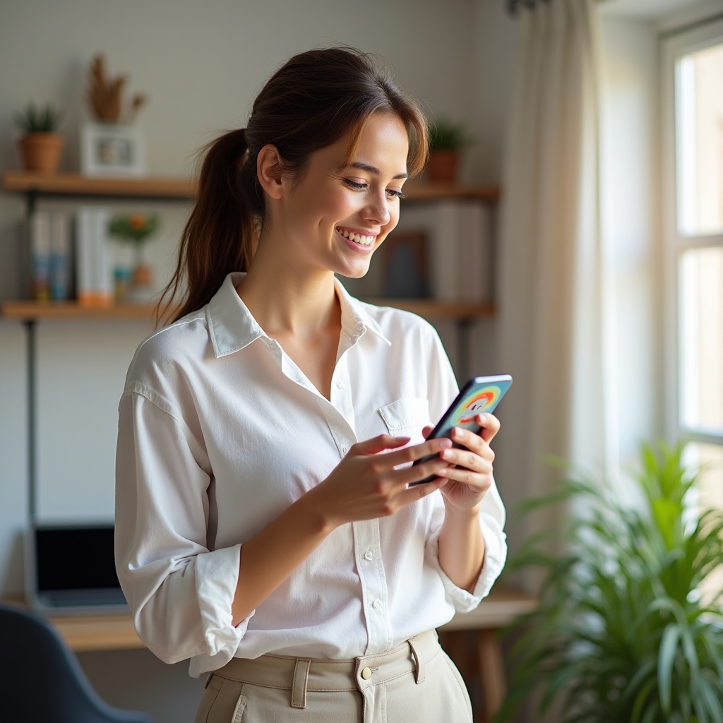Young professional checking financial app on smartphone while working remotely