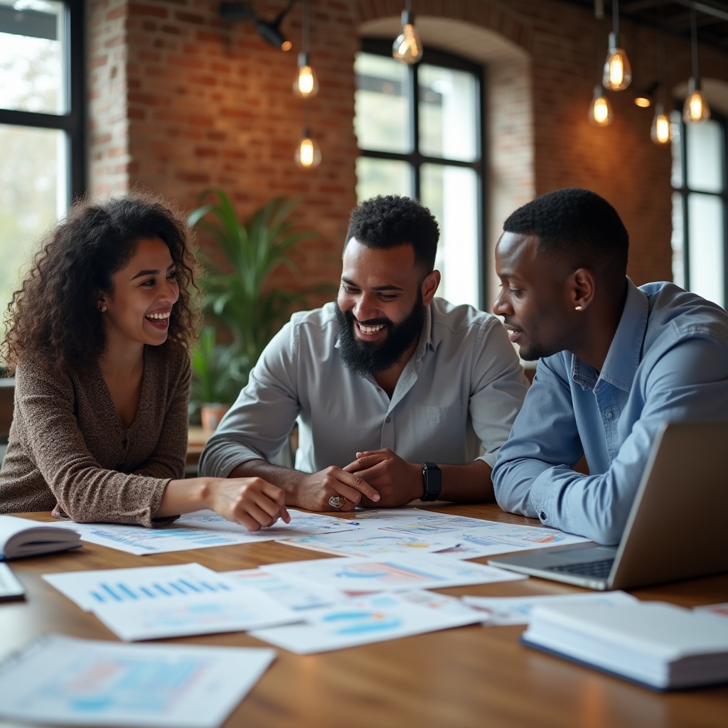 FinanzaMétrica team collaborating around a table in a bright modern office