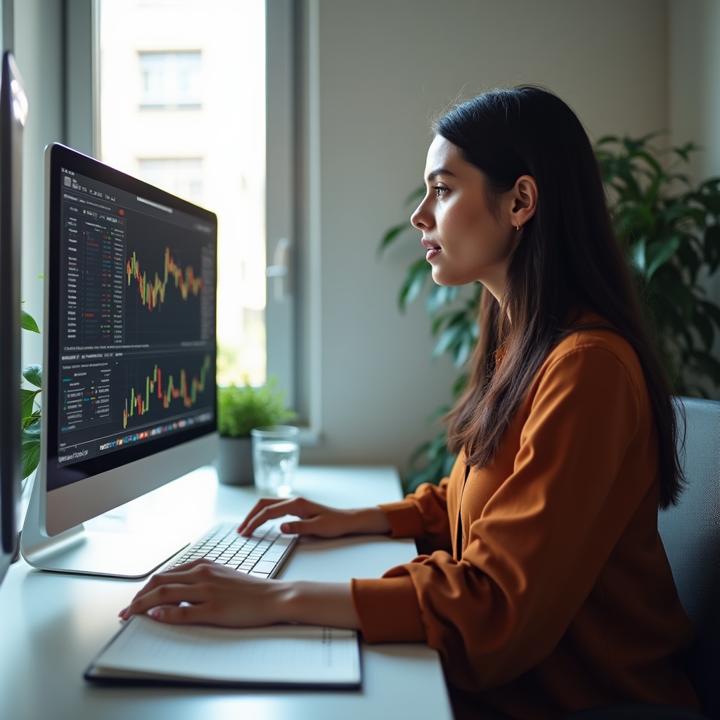 Financial data analyst team member reviewing dashboard metrics at desk